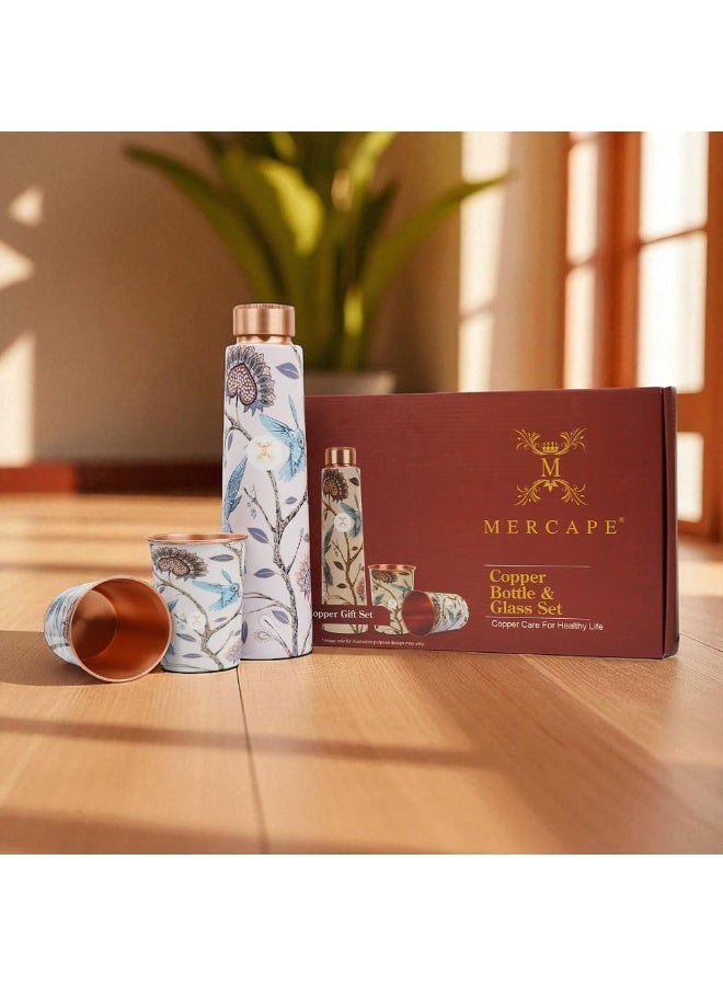 MERCAPE® Pure Copper Water Bottle & Glass Set –  Ayurvedic Health Drinking Bottle, Leak Proof Premium Printed Design Copper Drinkware Gift Set for Men & Women – 900ml + 2x 300ml - Image 3